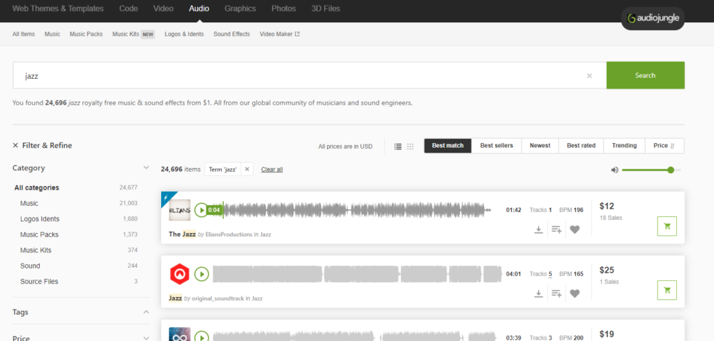 Image d'un site internet qui permet de trouver facilement des musiques libres de droits pour sa vidéo mais payantes
