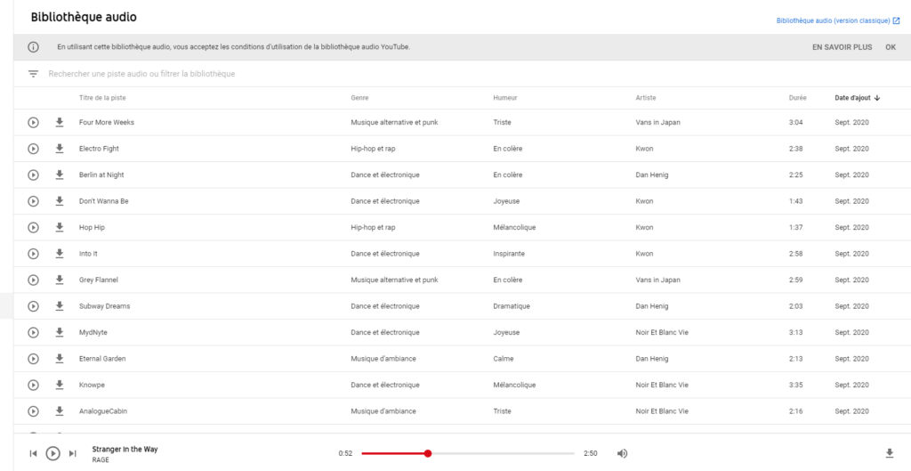 Voici une capture d'écran permettant de montrer la bibliothèque audio de YouTube afin d'avoir des musiques gratuites libres de droit facilement