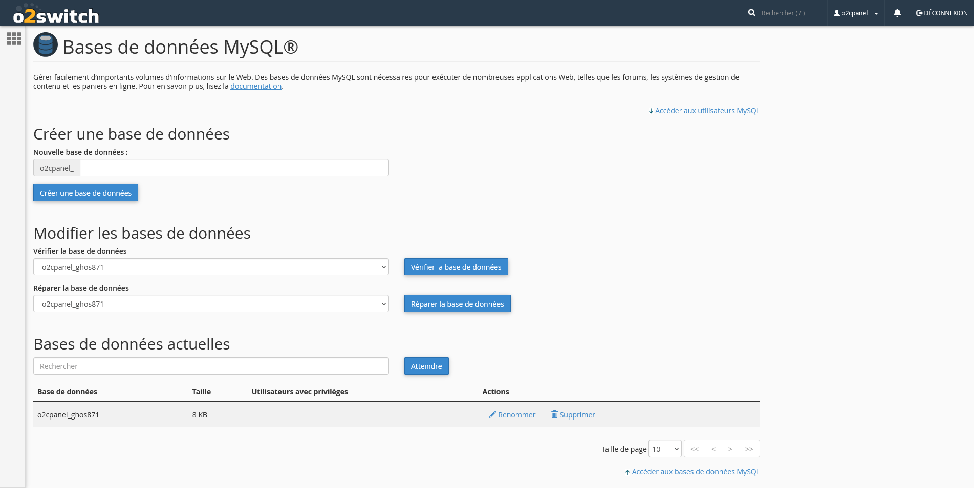 cpanel créer base de données o2switch phpmyadmin mysql