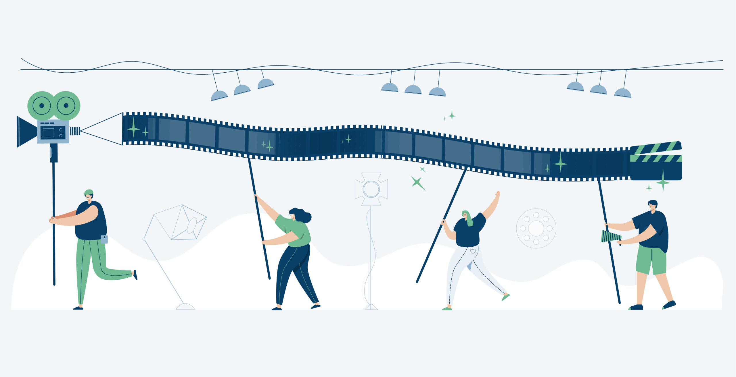 Illustrations avec des personnages qui portent une banderoles en forme de bande de film