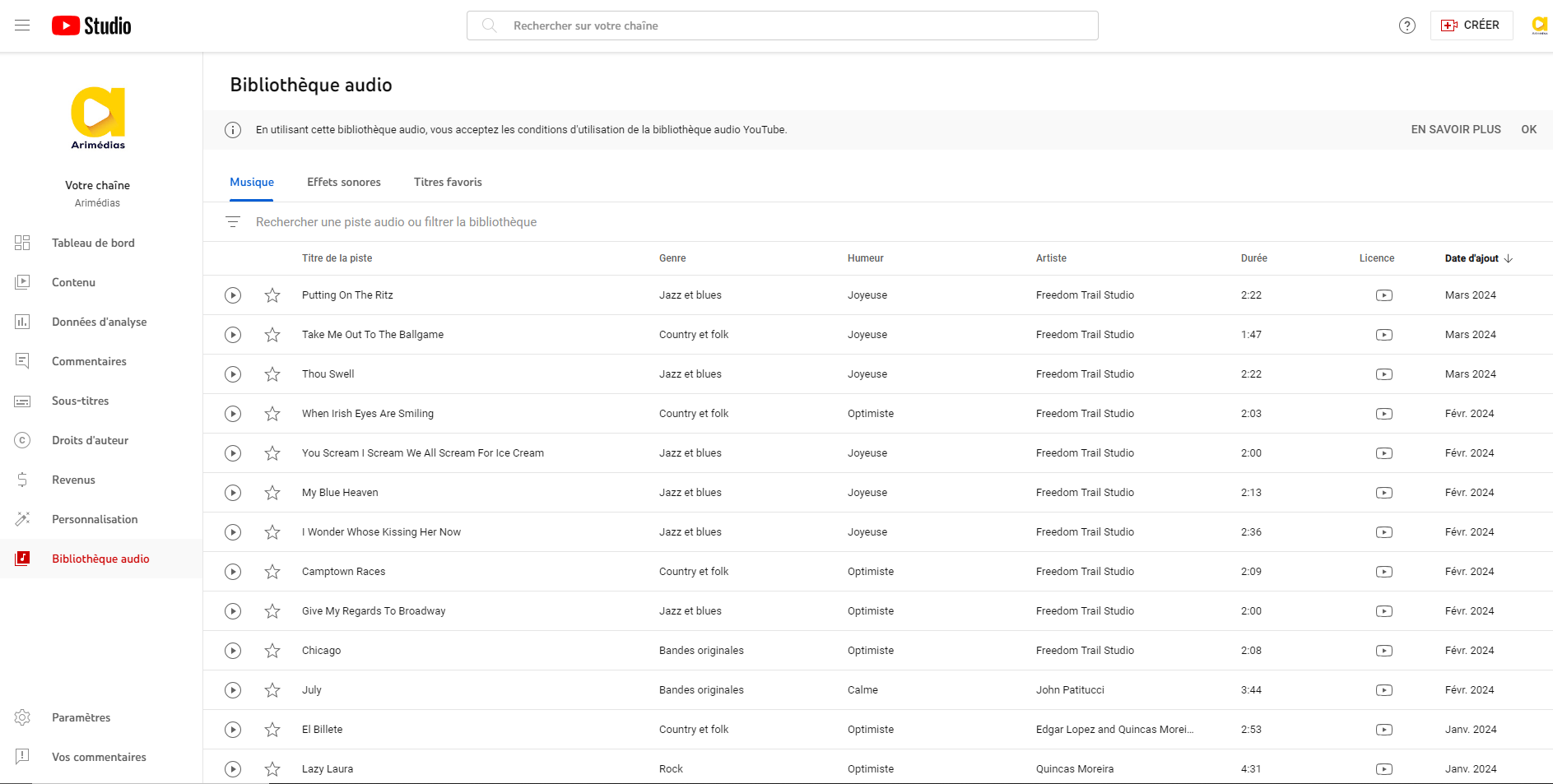 capture d'écran page d'acceuil youtube audio library